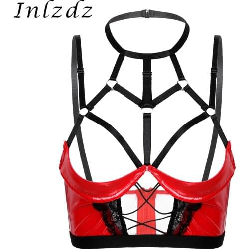 Womens Lingerie Open Cup Bras Halter Neck Hollow Out Strappy Patent Leather Bra Tops Back Zipper Underwire Unlined Hot Brassiere