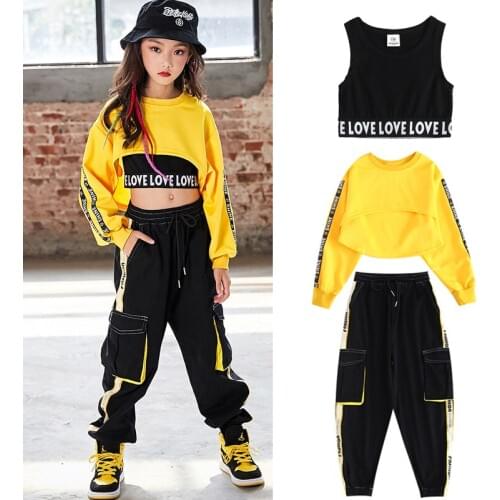 Children Hip Hop Clothes Girls Jazz Street Dance Costume Kids Sweatshirt Pants Set Ballroom Dancewear Stage Rave Clothing DQS352