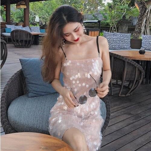 Hi Girl New fairy Fance Designer Dress Summer Sweet Pink Shiny Sequins Slip Dress Mid Long Party Spaghetti Strap Dress