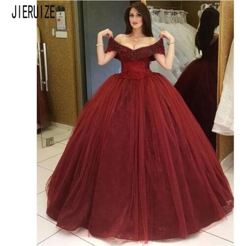 JIERUIZE Robe de mariee Burgundy Luxury Wedding Dresses Off The Shoulder Lace Appliques Beaded V Neck Ball Gown Bridal Gowns