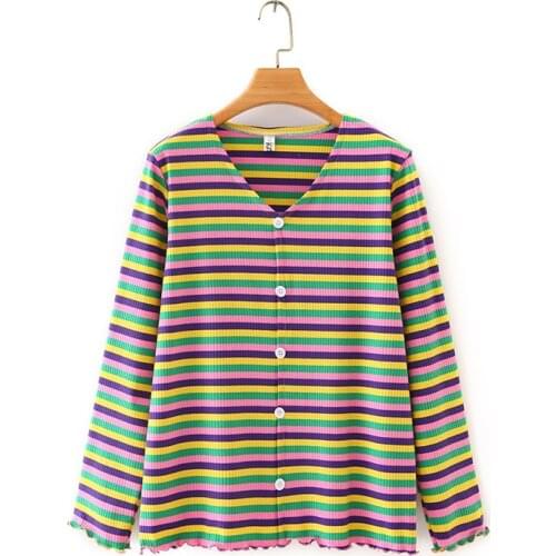 Plus Size XL-4XL Women Knitted Cardigan V-neck Stripe Long-sleeved Comfort Spring Autumn t shirts