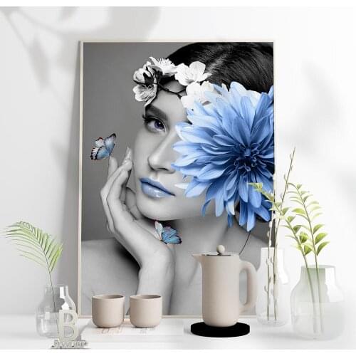Blue Flower Canvas Painting Nordic Fashion Black White Beauty Woman Modern Abstract Wall Art Picture Poster Girl Room Home Decor