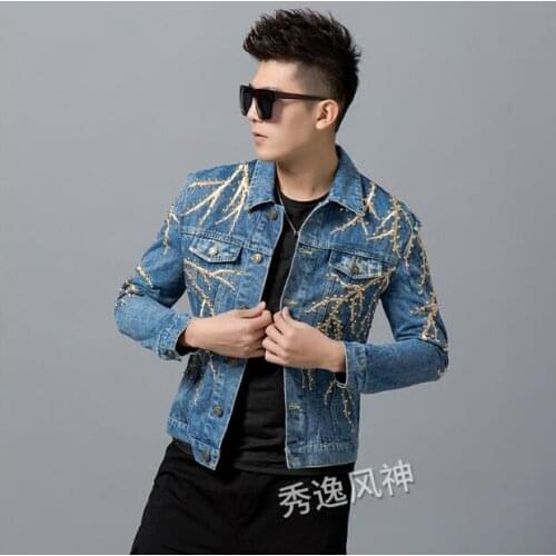 2020 Spring Autumn Mens Brand Handmade Beaded Embroidered Print Casual Denim Jacket Fashion Trend Lapel Long Sleeve Jacket