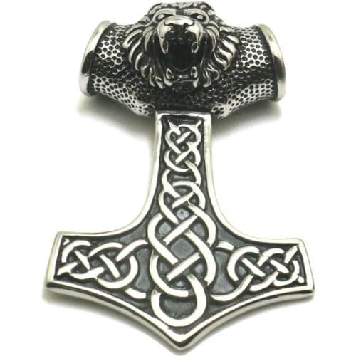 Mens 316L Stainless Steel Cool Big Punk Gothic Thors Hammer Lion Head Pendant