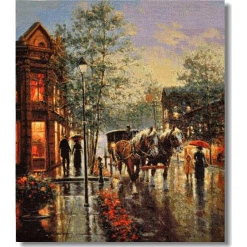 Old Street at Sunset Rain Street Horse Carriage Cross Stitch Kits Top Quality Embroidery Needlework DIY 14CT Unprinted Handmade