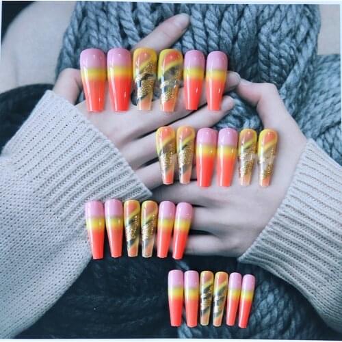 DingXue Orange Gradient Gold Foil Ballet Full Nail Detachable Tips For Nail Extension Manicure Art Press On Fake False Nails G23