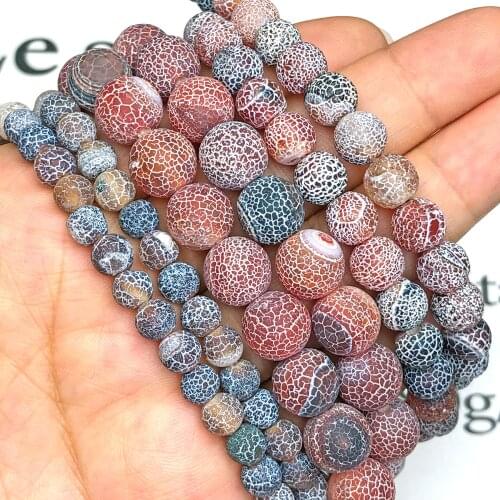 Natural Frost Dark Red Cracked Dragon Vein Dream Fire Agates Stone Loose Matte Spacer Beads For Jewelry Making DIY Bracelets