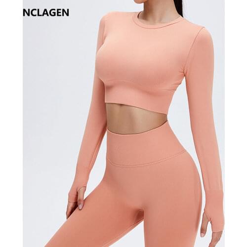 NCLAGEN Seamless Yoga Blouse Women Long Sleeve Gym Crop Top High Elastic Quick Dry Round Neck Exercise Push-up Sports Shirts
