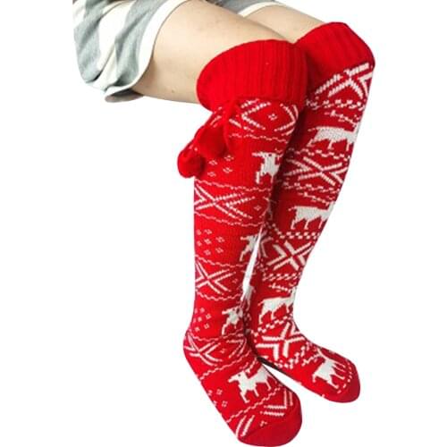 New Women Christmas Elk Stockings Adults Casual Style Over-knee Socks with Pompom Red Green Grey