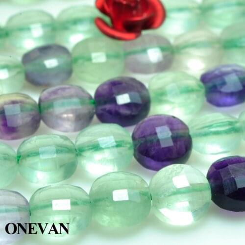 ONEVAN Natural Colorful Fluorite Faceted Flat Round Coin Beads Stone Bracelet Necklace Jewelry Making Diy Accessories Design