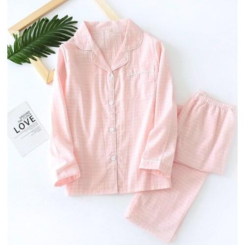 Spring/autumn Couple Pajamas Pure Cotton Gauze Simple Plaid Men/women Long Sleeve Sleepwear Set Thin Summer Loose Comfy Homewear