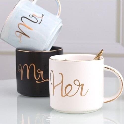 Luxury Pink Gold Mr Mrs Ceramic Marble Coffee Mug Cup Wedding Bridal Couples Lovers Gifts Mug Porcelain Milk Tea Breakfast Cup