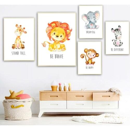 Happy Giraffe Lion Elephant Monkey Zebra Wall Art Canvas Painting Nordic Posters And Prints Wall Pictures Kids Kawaii Room Decor