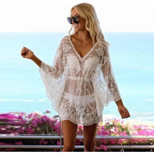 Sexy Women Summer Bikini Cover-up Mesh Dress Lace Floral Mini Dress Long Sleeve Sheer See-through Long Tops Fishnet Beach Skirt