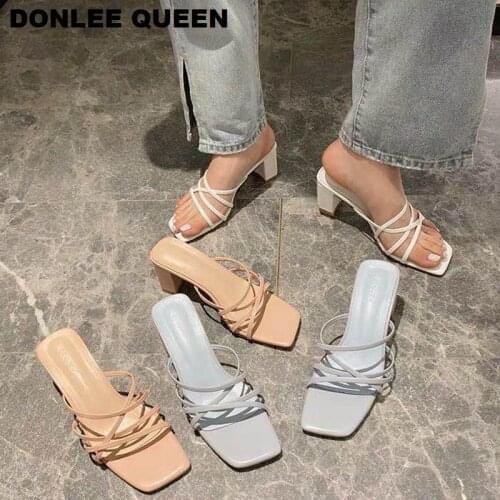 Fashion Brand Slippers Women Narrow Band Slides Summer Shoes Women Square Heel Peep Toe Sandal Beach Flip Flops sandalias mujer