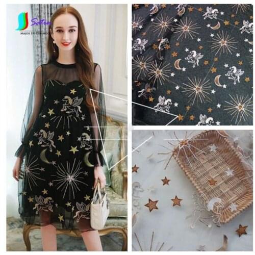 Wedding Dress Diy Skirt White,Black grey Background Sky Star,Moon Wing Horse Embroidery Fairy Dress Skirt Tulle Fabric