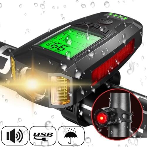4 in 1 USB Bike Flashlight 5 LED Bicycle Computer/Horn Bike Front Light IPX4 Waterproof Headlight Odometer Bike Accessories