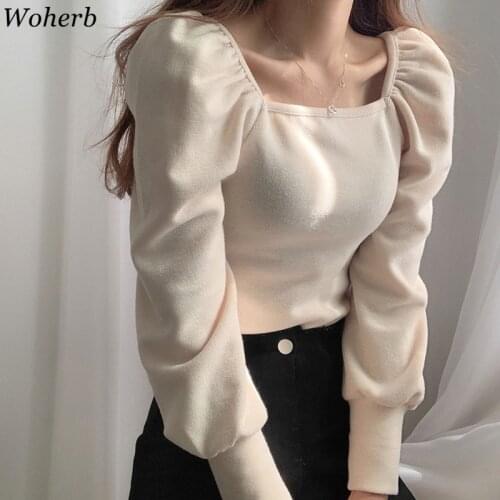 Woherb 2021 Women Fashion Puff Sleeve Basic Knitting Sweater Autumn Solid Casual Slim-fit Knitted Pullover Korean Vintage Jumper