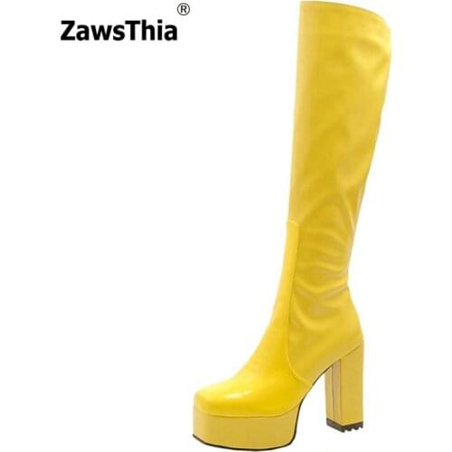 ZawsThia Winter Patent PU Leather Yellow Fuschia Green Blue Block High Heels Platform Sexy Stripper Heels Knee High Women Boots