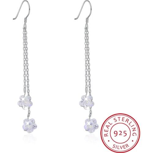 LEKANI Crystals Cute Flower Long Chain Drop Earrings 925 Sterling Silver Earrings For Women Fine Jewelry