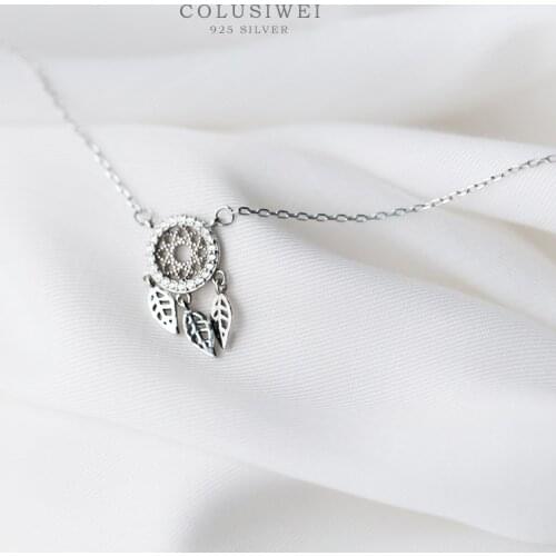 COLUSIWEI Genuine 925 Sterling Silver DreamCatcher Pendant Necklace for Women Fashion Leaves Link Chain Fine Jewelry Bijoux
