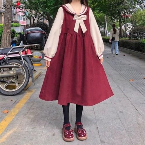 Dress Women Patchwork Loose College Sailor Collar Leisure Student Autumn Japanese Style Sweet Kawaii Fashion Popular A-line Ins