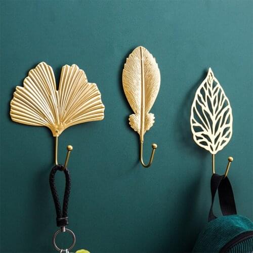 Golden Home Decor Iron Leaf Shape Kitchen Hook Door Wall Wardrobe Clothes Bag Key Scarf Hanger Decoration Multi-Purpose Hooks