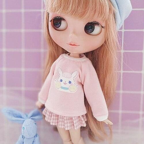 1 Set Lovely Pink Long-sleeve T-shirt + Skirt for Blyth, Azone, Licca, Momoko Doll Clothes Outfits Accessories