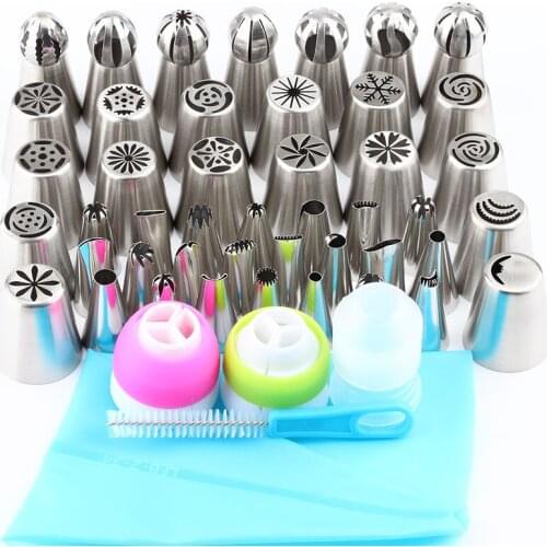 1Pcs Bag 3Pcs coupler 1Pcs brush And 7 Pcs Stainless Steel Icing Ping Ball Shape Nozzles+38 Tulip Flower Pastry Russian Tip