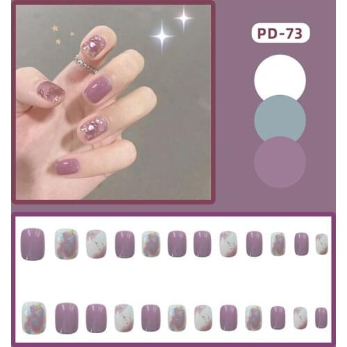24pcs Fake Nails Purple Smudged Gold Leaf Design DIY Slider Short Stylish Round Head Manicures Fully Covered Nail Decoration