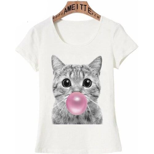 AMEITTE New Summer Fashion Women T-shirt Naughty Clever Cute Cat Bubble Gum Print T-Shirt Kitten Design Casual Tops Girl Tees