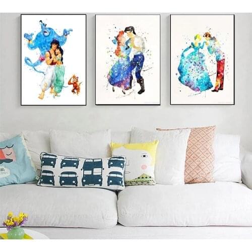 Disney Cartoon Little Mermaid Hua Mu LAN Watercolor Canvas Paintings Posters and Print Nursery Wall Art Picture for Living Room