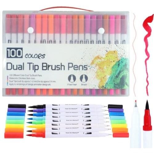 100PCS Colors Dual Tip Brush Pen FineLiner Drawing Painting Watercolor Art Marker Pens School for Coloring Manga Calligraphy