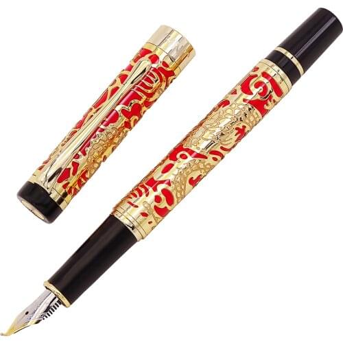 Jinhao 5000 Vintage Luxury Metal Calligraphy Fountain Pen Bent Nib Beautiful Dragon Texture Carving, Golden & Red Office Pen
