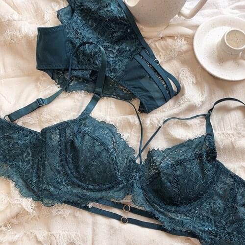 Sexy lace ultra-thin lingerie sets transparent non-sponge full cup receiving pair of breast underwear large size D cup bras
