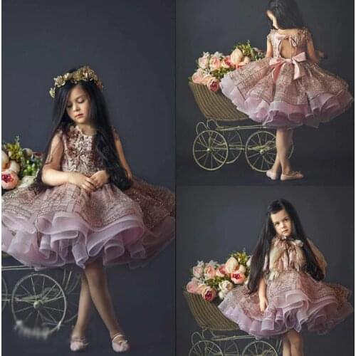 Cute Short Flower Girl Dresses For Wedding Lace 3D Floral Appliqued Birthday Wear First Communion Dress Glitter Luxury Girls Pag