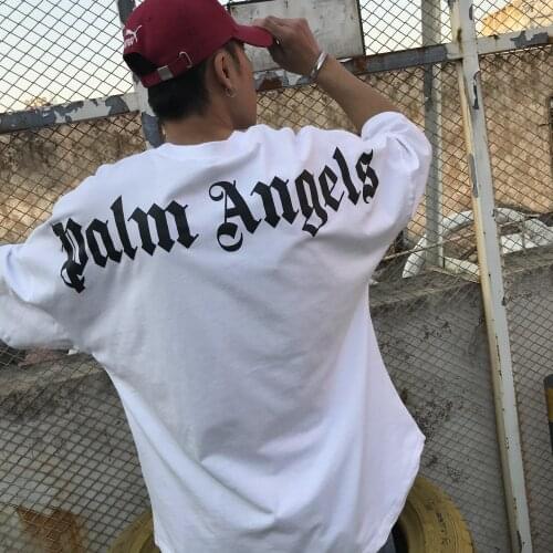 Palm Angels Bat Sleeve Back Letter Print Short Sleeve Round Neck Loose Men Women Drop Shoulder T-Shirt
