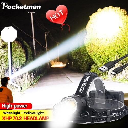 200000LM XHP70.2 Led Headlamp XHP70 Yellow White Led Headlight Fishing Camping Zoom USB Rechargeable Torch Use 3*18650 batteries