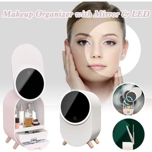 LED Light Desktop Organizer HD Mirror 360 Rotation Creative Makeup Organizer Detachable Cosmetic Protable Beauty Storage Box