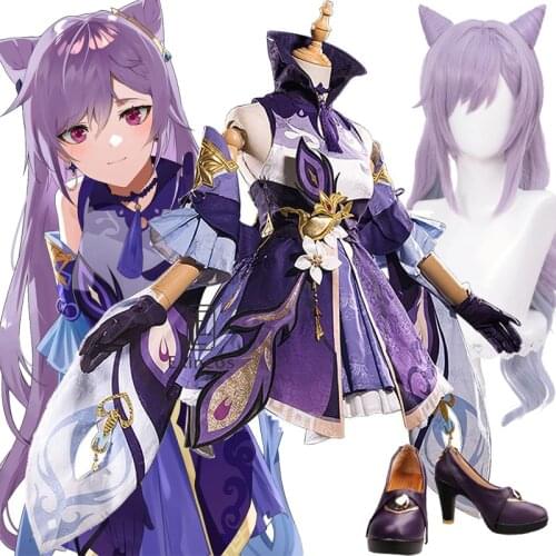 New Game Genshin Impact Keqing Cosplay Costume Shoes Wigs Outfit Woman Anime Uniform Party Dress Halloween Carnival Full Set