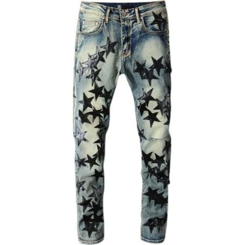 2021 High Street New Stars Fighting Leather Knee Knife Cut Holes Jeans Mens Retro Distressed Trousers Slim Pants For Men 694