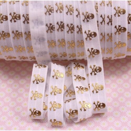 Newest 50 yard per lot foe elastic gold foil skull printed fold over elastic #029 white for halloween