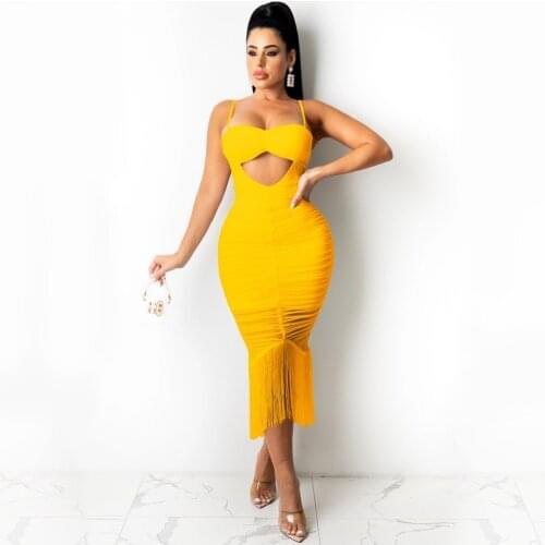 2021 New Summer Tassel Sexy Solid Strapless Sleeveless Patchwork Bodycon Dress Fashion Elegant Senior Club Party Midi Dress