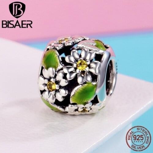 Genuine 100% 925 Sterling Silver Green Daisy Flower Leaves Charms Bead Fit Charm Bracelet Sterling Silver Jewelry Making