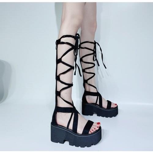 Lace up sandals Thick Platform Punk shoes Rock Gothic Sandals Women Peep Toe shoes sandale femme ete 2020 punk sandals LJB30-1