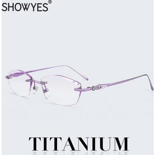 High Quality Luxury Rimless Titanium Reading Glasses Women Readers Eyeglasses Ti Optical Girl Pink Rhinestone Cutting Frameless