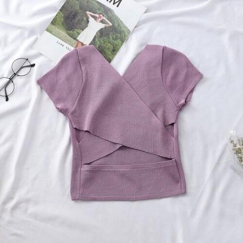 Women Summer Knitted T-shirts Cross Crop Tops Ladies V-neck Crop Tees Tops Short Sleeve T-shirts Women Tops