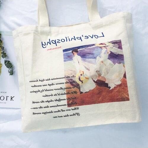 Women Canvas Shoulder Bag Cotton Cloth Art Letter Print Handbags Vintage Storage Shopping Bags Love Philosphy Tote Bag Books Bag