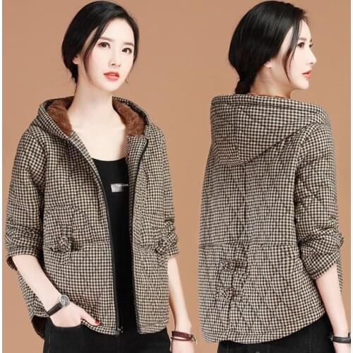 Winter Plus Thick Velvet Plaid Jacket Women Warm Short Cotton Coat Ladies Korean Loose Large size Hooded Outwear Female Parkas