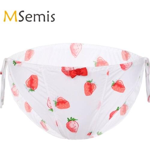 Womens Sexy Thong Underwear Cute Japanese Lingerie Briefs Panties Side Tie Strawberry Print Underpants
